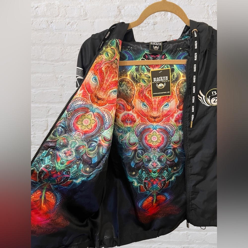 Trippy rave jacket with custom lining and water/wind resistant exterior